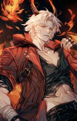 Rule 34 | 1boy, bishounen, black gloves, black pants, blue eyes, coat, collarbone, cowboy shot, dante (devil may cry), demon boy, demon horns, devil may cry (series), devil may cry 5, facial hair, fingerless gloves, fire, gloves, highres, holding, horns, lolvivianli, looking at viewer, male focus, muscular, muscular male, navel, open clothes, open coat, pants, pectoral cleavage, pectorals, red coat, solo, stomach, toned, torn clothes, upper body, white hair