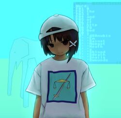 Rule 34 | 1girl, absurdres, baseball cap, black eyes, black hair, commentary, cosplay, elephant, english commentary, english text, hair ornament, hat, highres, iwakura lain, looking at viewer, serial experiments lain, shirt, short hair, short sleeves, solo, sword, templeos, terry a davis, terry a davis (cosplay), weapon, white hat, white shirt, x hair ornament, zoolpal