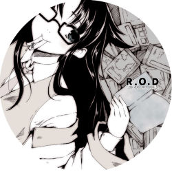 Rule 34 | 00s, 1girl, blush, bookmark, female focus, glasses, holding bookmark, monochrome, mouth hold, necktie, parted bangs, read or die, solo, takayoshi, waistcoat, yomiko readman