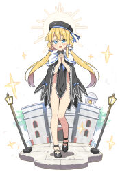 Rule 34 | 1girl, :d, bell, bell tower, beret, black footwear, black hat, blonde hair, blue eyes, blush, building, groin, halo, hat, hatsunatsu, interlocked fingers, lamppost, long hair, looking at viewer, low twintails, open mouth, original, own hands clasped, own hands together, shoes, simple background, smile, solo, sparkle, standing, standing on one leg, twintails, very long hair, white background