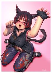 Rule 34 | 1girl, arms up, artist name, belt, black footwear, black gloves, black hair, black shirt, blouse, final fantasy, final fantasy xiv, fingerless gloves, glasses, gloves, highres, kionaoki, looking at viewer, midriff, miqo&#039;te, multicolored hair, navel, open mouth, pink-framed eyewear, pink background, red eyes, red hair, seiza, shadow, shirt, shoes, short hair, signature, sitting, sleeveless, sleeveless shirt, smile, solo, two-tone hair, warrior of light (ff14)