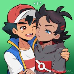 Rule 34 | 2boys, antenna hair, artist name, ash ketchum, black hair, brown eyes, cheek-to-cheek, cheek press, cheek squash, closed eyes, commentary, creatures (company), english commentary, game freak, goh (pokemon), green background, hand on another&#039;s shoulder, heads together, jacket, male focus, multiple boys, nintendo, one eye closed, open clothes, open jacket, open mouth, pokemon, pokemon (anime), pokemon journeys, sara bon, smile, teeth, yaoi