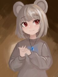 Rule 34 | 1girl, absurdres, alternate costume, animal ears, brown background, clip studio paint (medium), closed mouth, commentary request, crystal, flat chest, grey hair, grey shirt, highres, interlocked fingers, jewelry, lenserd, looking to the side, mouse ears, mouse girl, nazrin, own hands together, pendant, red eyes, shirt, short hair, smile, solo, touhou, upper body