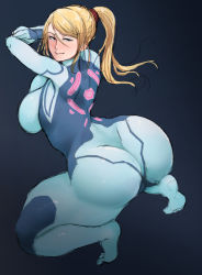 Rule 34 | 1girl, artist request, ass, blonde hair, blue eyes, bodysuit, breast press, breasts, censored, feet, from behind, looking at viewer, looking back, metroid, mole, mole under mouth, nintendo, nude, ogura anko, ponytail, samus aran, skin tight, soles, solo, squatting, zero suit