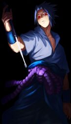 Rule 34 | 1boy, black background, black hair, closed mouth, commentary request, highres, holding, holding sword, holding weapon, looking at viewer, male focus, mandei (nao 1234567), naruto (series), naruto shippuuden, red eyes, sharingan, shirt, short hair, short sleeves, simple background, solo, spiked hair, standing, sword, uchiha sasuke, weapon, white shirt