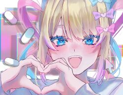Rule 34 | 1girl, :d, blonde hair, blue bow, blue eyes, blue hair, blue shirt, blush, bow, chouzetsusaikawa tenshi-chan, commentary request, cursor, hair bow, hair ornament, hands up, heart, heart hair ornament, heart hands, highres, long hair, long sleeves, looking at viewer, multicolored hair, multiple hair bows, needy girl overdose, open mouth, outou (outou01), pill, pink bow, pink hair, purple bow, quad tails, shirt, smile, solo, teeth, twintails, upper body, upper teeth only, window (computing)