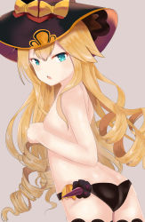 Rule 34 | 1girl, absurdres, ass, azur lane, bad id, bad pixiv id, black panties, blonde hair, blue eyes, butt crack, covering privates, covering breasts, curly hair, hair between eyes, halloween, hat, highres, long hair, looking at viewer, looking back, no pants, open mouth, panties, simple background, smalley (azur lane), smalley (candy courier) (azur lane), solo, topless, underwear, user vhnw4234, witch hat