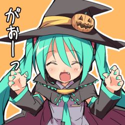 Rule 34 | 1girl, animated, animated gif, aqua eyes, aqua hair, blush, check translation, detached sleeves, eeeeee, embarrassed, fang, food-themed hair ornament, gao, hair ornament, halloween, happy, hat, hatsune miku, jack-o&#039;-lantern, long hair, lowres, necktie, pumpkin, pumpkin hair ornament, solo, twintails, vocaloid, witch hat