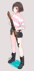 Rule 34 | 10s, 1girl, ak-47, akiyama yukari, akm, artist name, assault rifle, belt, black footwear, boots, brown eyes, brown hair, casual, combat boots, commentary request, full body, girls und panzer, grey background, gun, holding, holding gun, holding weapon, kalashnikov rifle, light frown, long sleeves, looking at viewer, messy hair, parted lips, pink shirt, pouch, rifle, shirt, short hair, short shorts, shorts, signature, sleeves rolled up, solo, standing, striped clothes, striped shirt, tam a mat, utility belt, weapon, white shorts