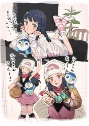 Rule 34 | 1girl, bag, beanie, blue eyes, blue hair, blush, chikiso, commentary request, creatures (company), dawn (pokemon), duffel bag, eyelashes, floating scarf, food, game freak, gen 4 pokemon, hair ornament, hairclip, hat, highres, holding, holding food, long hair, multiple views, nintendo, on shoulder, open mouth, pink footwear, pink skirt, piplup, poke ball print, poke ball symbol, pokemon, pokemon (creature), pokemon dppt, pokemon on shoulder, poketch, red scarf, scarf, shirt, skirt, sleeveless, smile, socks, watch, white headwear, wristwatch