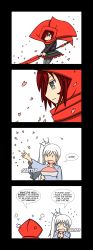 Rule 34 | 2girls, 4koma, brown hair, cape, cherry blossoms, comic, english text, expressionless, from side, highres, lunarisaileron, multiple girls, profile, ruby rose, rwby, short hair, upper body, weiss schnee