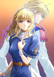 Rule 34 | 1boy, 1girl, ahoge, back-to-back, belt, blonde hair, brother and sister, cape, chester stoddart, chiga akira, elena stoddart, jewelry, necklace, puffy short sleeves, puffy sleeves, purple eyes, short hair, short sleeves, siblings, simple background, ys, ys iii wanderers of ys