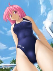 Rule 34 | 1girl, 2004, cameltoe, competition swimsuit, covered erect nipples, covered navel, crotch, high cut kingdom, highleg, highleg swimsuit, nipples, nyanko batake, one-piece swimsuit, palm tree, pink eyes, pink hair, sky, solo, speedo (company), swimsuit, tree