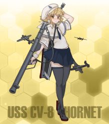 Rule 34 | 10s, 1girl, aircraft, airplane, arm behind head, arm up, asymmetrical legwear, b-25 mitchell, black thighhighs, blonde hair, blue skirt, blush, capelet, character name, cstallionz, full body, hat, holding, holding weapon, honeycomb (pattern), honeycomb background, honeycomb pattern, kantai collection, m1 bazooka, neckerchief, original, pleated skirt, pom pom (clothes), rocket launcher, sailor hat, short hair, skirt, solo, thighhighs, uneven legwear, united states, uss hornet (cv-8), weapon, wristband, yellow eyes, zettai ryouiki