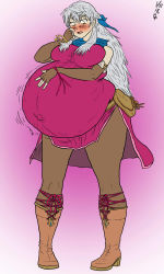 Rule 34 | bare shoulders, big belly, blue scarf, boots, dated, elbow gloves, fire emblem, fire emblem: radiant dawn, gloves, highres, looking down, micaiah (fire emblem), nintendo, pantyhose, pregnant, pregnant, scarf, silver hair, yellow eyes