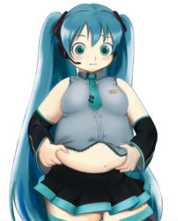 Rule 34 | 1girl, aqua eyes, aqua hair, bare shoulders, belly grab, breasts, fat, hatsune miku, long hair, lowres, medium breasts, midriff, solo, tagme, twintails, very long hair, vocaloid, weight conscious