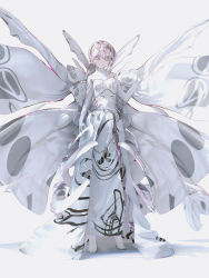 Rule 34 | 1girl, absurdres, breasts, butterfly wings, dress, grey eyes, grey hair, hair between eyes, hand up, highres, houtei9, insect wings, long hair, original, shadow, solo, standing, white background, white dress, white theme, white wings, wings