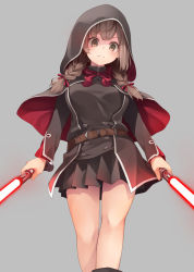 Rule 34 | 1girl, belt, blush, bow, braid, breasts, brown belt, brown eyes, capelet, closed mouth, dress, dual wielding, energy sword, from below, frown, grey background, grey capelet, grey dress, holding, hood, hooded capelet, jacket, kantai collection, lightsaber, looking at viewer, medium breasts, mofu namako, pleated dress, red bow, shaded face, shinshuu maru (kancolle), simple background, sith, solo, star wars, sword, twin braids, weapon