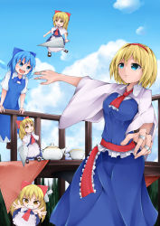 Rule 34 | 2girls, :d, absurdres, against railing, alice margatroid, apron, blonde hair, blue bow, blue bowtie, blue dress, blue eyes, blue hair, blue sky, bow, bowtie, capelet, cirno, cloud, cup, day, dress, expressionless, flying, grin, hair ribbon, hairband, highres, jewelry, lance, leaning against railing, long hair, looking at another, looking at viewer, looking away, looking up, multiple girls, open mouth, outdoors, outstretched arms, polearm, puppet rings, railing, reaching, reaching towards viewer, ribbon, ring, sash, shanghai doll, short hair, shou (ahiru shinobu), sky, smile, spread arms, table, tablecloth, teacup, teapot, touhou, waist apron, weapon, wings, yellow eyes
