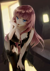 Rule 34 | 1girl, :p, bare arms, bare shoulders, between breasts, black bra, black panties, black thighhighs, blue eyes, bra, breasts, cleavage, female focus, garter belt, hand on own knee, indoors, large breasts, leaning, leaning forward, lingerie, long hair, looking at viewer, megurine luka, more (vitalia), panties, pink hair, see-through, smile, solo, standing, thighhighs, tongue, tongue out, underwear, vocaloid