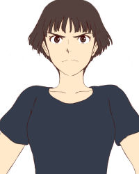 Rule 34 | 1girl, bob cut, breasts, brown eyes, brown hair, closed mouth, commentary request, gake no ue no ponyo, graphite (medium), jas (littlecrime), lisa (ponyo), looking at viewer, open mouth, shirt, short hair, simple background, solo, studio ghibli, traditional media, white background
