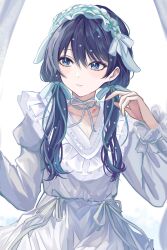 1girl absurdres blue_eyes blue_hair blue_ribbon choker collarbone commentary_request commission dark_blue_hair dress frilled_dress frilled_hairband frills hair_ribbon hairband harenzero highres korean_commentary link!_like!_love_live! lolita_fashion lolita_hairband long_hair long_sleeves love_live! low_twintails mole mole_on_neck murano_sayaka official_alternate_costume parted_lips partial_commentary ribbon ribbon_choker second-party_source solo tsuki_makase twintails upper_body virtual_youtuber white_background white_dress white_hairband white_ribbon