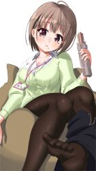Rule 34 | :t, ahoge, black pantyhose, black skirt, blush, brown hair, cardigan, chewing, churro, collared shirt, commentary request, food, food on face, green cardigan, harusaki nodoka, highres, holding, holding food, hololive, id card, lanyard, misril, no shoes, office lady, pantyhose, partially unbuttoned, pink eyes, see-through, see-through legwear, shirt, short hair, sitting, skirt, skirt around one leg, virtual youtuber, white shirt