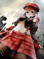 Rule 34 | 10s, 1girl, akino shuu, alisa ilinichina amiella, blue eyes, boots, breasts, elbow gloves, fingerless gloves, from below, gloves, god eater, gradient background, hat, midriff, navel, pantyhose, silver hair, skirt, solo, suspender skirt, suspenders, thigh boots, thighhighs, underboob