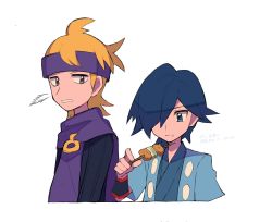 Rule 34 | 2boys, :t, black sweater, blonde hair, blue eyes, blue hair, blue jacket, blue kimono, closed mouth, commentary request, creatures (company), eating, falkner (pokemon), game freak, hair over one eye, hand up, headband, highres, holding, jacket, japanese clothes, kimono, looking down, male focus, medium hair, morty (pokemon), multiple boys, nintendo, pokemon, pokemon hgss, purple eyes, purple headband, purple scarf, scarf, short hair, simple background, skewer, sweater, translation request, tyako 089, white background