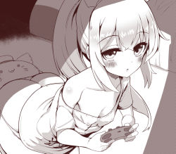 Rule 34 | 1girl, arched back, ass, ayanami (azur lane), azur lane, blush, breasts, butt crack, clothes writing, collarbone, commentary request, controller, covered erect nipples, female focus, game controller, hair between eyes, holding, long hair, looking at viewer, meowfficer (azur lane), monochrome, off shoulder, panties, parted lips, ponytail, shirt, short sleeves, sidelocks, small breasts, solo, takara akihito, underwear, very long hair