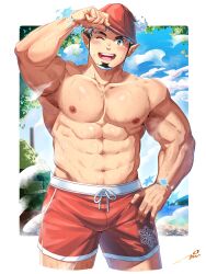 Rule 34 | 1boy, :d, abs, armpit hair, armpits, bara, blush, brown hair, bulge, cropped legs, facial hair, goatee, hat, highres, large pectorals, long sideburns, looking at viewer, male focus, male swimwear, multicolored hair, muscular, muscular male, nipples, open mouth, pectorals, pointy ears, red male swimwear, santa hat, short hair, sideburns, smile, snowflakes, solo, sparkling eyes, stomach, swim trunks, tepen (tptptpn), tokyo houkago summoners, tomte (housamo), topless male, two-tone hair, wet male swimwear, white hair