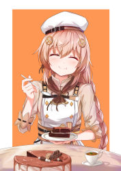 Rule 34 | 1girl, absurdres, blonde hair, blush, braid, braided ponytail, breasts, brown dress, cake, chocolate, closed eyes, closed mouth, cup, dress, fnc (girls&#039; frontline), food, girls&#039; frontline, girls&#039; frontline neural cloud, hair ornament, hairclip, highres, holding, holding cake, holding food, holding plate, holding spoon, long hair, plate, ransei48, simple background, sitting, smile, solo, spoon, table, teacup, wall, white headwear