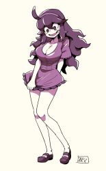 Rule 34 | 1girl, @ @, adapted costume, alternate breast size, blush, breasts, chichibu (watson), cleavage, clothes pull, creatures (company), dress, dress pull, flip-flops, full body, game freak, hairband, hex maniac (pokemon), large breasts, legs, long hair, monochrome, nintendo, npc trainer, pokemon, pokemon xy, purple dress, purple eyes, purple hair, sandals, short dress, simple background, smile, solo, sweatdrop, very long hair, white background