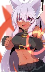 Rule 34 | 1girl, :d, absurdres, animal ear fluff, animal ears, bare shoulders, black gloves, black pants, blush, breasts, clenched hand, commentary request, crop top, dark-skinned female, dark skin, facial mark, fang, fingerless gloves, gloves, grey hair, groin, hair between eyes, highres, long hair, looking at viewer, medium breasts, midriff, navel, ocha no mae, open mouth, original, outstretched arm, pants, pink background, purple eyes, smile, solo, twitter username, two-tone background, very long hair, whisker markings, white background