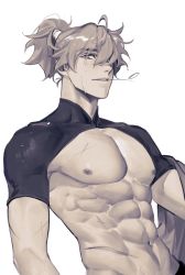 Rule 34 | 1boy, abs, ahoge, genshin impact, greyscale, hair between eyes, hair over one eye, high ponytail, highres, k young03, kazuha&#039;s friend (genshin impact), male focus, monochrome, mouth hold, muscular, muscular male, nipples, ponytail, scar, scar on chest, shrug (clothing), simple background, solo, sweat, upper body