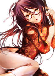 Rule 34 | 10s, 1boy, androgynous, bespectacled, bow, bow (weapon), brown eyes, china dress, chinese clothes, crossdressing, dress, drifters, glasses, hair bow, hair ribbon, highres, lips, long hair, looking at viewer, male focus, mikazuki tenma, nasu no yoichi, open mouth, parted lips, purple hair, ribbon, solo, trap, tsurime, weapon