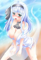 Rule 34 | 1girl, alternate breast size, alternate hair length, alternate hairstyle, ascot, bare legs, bare shoulders, beach, bikini, bikini bottom only, blush, breasts, cameltoe, cleavage, collarbone, day, green eyes, hair ribbon, hairband, highres, konpaku youmu, large breasts, long hair, looking at viewer, makky, naughty face, ocean, aged up, open clothes, open mouth, open shirt, outdoors, panties, ribbon, sand, seductive smile, shirt, short sleeves, side-tie bikini bottom, silver hair, sitting, sitting on object, smile, solo, swimsuit, tongue, tongue out, touhou, underwear, water, waves