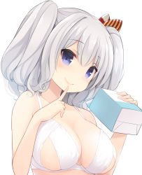 Rule 34 | 10s, 1girl, bad id, bad twitter id, blue eyes, bra, breasts, cleavage, finger to mouth, hair ribbon, index finger raised, kantai collection, kashima (kancolle), large breasts, looking at viewer, milk carton, ribbon, saliva, saliva trail, silver hair, smile, solo, twintails, underwear, underwear only, upper body, watanon (gakushokutei), wavy hair, white bra