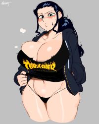 Rule 34 | 1girl, absurdres, aqua eyes, artist name, black hair, blush, breasts, cleavage, collarbone, grey background, hands in pockets, highres, hood, hoodie, huge breasts, long hair, navel, nezulet, nico robin, no pants, one piece, parted lips, ponytail, solo, stomach, thick thighs, thighs, thong, thrasher magazine, wide hips