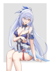 Rule 34 | 1girl, absurdres, alcohol, bare legs, bare shoulders, blue ribbon, blue sleeves, breasts, commentary request, cup, detached sleeves, hair ornament, hairpin, high ponytail, highres, holding, holding cup, honkai: star rail, honkai (series), jingliu (honkai: star rail), large breasts, long hair, looking down, ponytail, pouring, red eyes, red tassel, ribbon, simple background, sitting, skirt, solo, strapless, thighs, white hair, white skirt, xinsaki