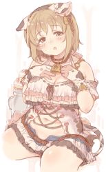 Rule 34 | 1girl, 7010, animal ears, bare shoulders, bell, blush, braid, breasts, brown eyes, brown hair, cake, commentary request, cow ears, cropped legs, dot nose, fake animal ears, flower, food, gloves, hair flower, hair ornament, hairband, head tilt, highres, idolmaster, idolmaster cinderella girls, looking at viewer, medium hair, milk churn, mimura kanako, neck bell, pleated skirt, skirt, solo, sweat, tareme, thick thighs, thighs, white background
