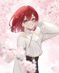Rule 34 | 1girl, ange katrina, ange katrina (5th costume), blue eyes, blurry, blurry background, cherry blossoms, clenched teeth, floating hair, hair between eyes, halterneck, hand on own cheek, hand on own face, hand up, haruwo, highres, looking at viewer, nijisanji, red hair, short hair, smile, solo, teeth, virtual youtuber