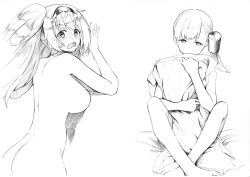 Rule 34 | 2girls, ass, barefoot, breasts, covering privates, gambier bay (kancolle), greyscale, hairband, highres, holding, kantai collection, large breasts, long hair, looking at viewer, monochrome, multiple girls, nude, hugging object, open mouth, pillow, pillow hug, ponytail, shin&#039;you (kancolle), side ponytail, sidelocks, simple background, sitting, tears, traditional media, tsuji kazuho, twintails