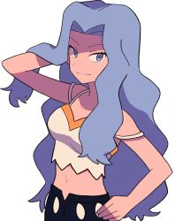 Rule 34 | 1girl, alternate color, bare shoulders, black pants, blue eyes, blue hair, breasts, closed mouth, commentary request, creatures (company), eyelashes, game freak, grey hair, hand on own hip, hand up, karen (pokemon), long hair, midriff, navel, nintendo, pants, pokemon, pokemon masters ex, shirt, sleeveless, smile, solo, standing, stomach, tyako 089, white background, white shirt