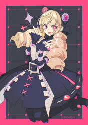 Rule 34 | 1girl, :d, alternate hair color, black background, black dress, black pantyhose, blonde hair, blush, border, double v, dress, drill hair, full body, gwen (league of legends), highres, league of legends, long hair, looking at viewer, open mouth, pantyhose, pink border, pink eyes, pote0508, red eyes, smile, soul fighter gwen, striped sleeves, twin drills, twintails, v, white dress