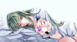 Rule 34 | 1girl, bed sheet, breasts, c.c., code geass, collarbone, dress shirt, green hair, grey shirt, hair between eyes, holding, long hair, looking at viewer, lying, medium breasts, meimi k, midriff, naked shirt, navel, on side, open clothes, open mouth, open shirt, orange eyes, shirt, simple background, solo, stomach, underboob, very long hair, white background