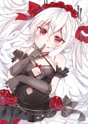 Rule 34 | 1girl, azur lane, bad id, bad pixiv id, bare shoulders, bed sheet, black dress, bow, breasts, closed mouth, clothing cutout, commentary request, criss-cross halter, dress, dutch angle, elbow gloves, gloves, grey gloves, hair between eyes, hair bow, hair ornament, halterneck, highres, index finger raised, lace, lace gloves, long hair, looking at viewer, lying, namekuji (namekuzu), navel, navel cutout, on back, red bow, red eyes, silver hair, small breasts, solo, tongue, tongue out, twintails, vampire (azur lane), vampire (eloi&#039;s blessing) (azur lane), very long hair