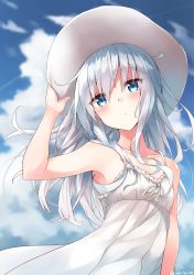 Rule 34 | 10s, 1girl, arm at side, arm up, armpits, artist name, bare shoulders, blue eyes, blue sky, blush, closed mouth, cloud, collarbone, day, dress, eyebrows, floating hair, hat, head tilt, hibiki (kancolle), highres, holding, holding clothes, holding hat, kantai collection, long hair, looking afar, outdoors, ribbon, signature, silver hair, sky, sleeveless, sleeveless dress, solo, sun hat, sundress, upper body, very long hair, white dress, white hat, white ribbon, wind, yakitori (yakitori06)