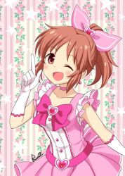 Rule 34 | 1girl, abe nana, artist name, belt, blush, bow, bowtie, breasts, brooch, brown eyes, brown hair, choker, cleavage, collarbone, dot nose, dress, earrings, elbow gloves, floral background, gloves, grid background, hair bow, hair ribbon, hand up, heart, heart belt, heart brooch, heart earrings, idolmaster, idolmaster cinderella girls, idolmaster cinderella girls starlight stage, index finger raised, jewelry, looking at viewer, magical girl, medium breasts, one eye closed, open mouth, pink background, pink belt, pink bow, pink bowtie, pink choker, pink dress, pink ribbon, ponytail, ribbon, ruo (cruzada), short hair, signature, sleeveless, sleeveless dress, smile, solo, star (symbol), starry background, two-tone background, white gloves, yellow background