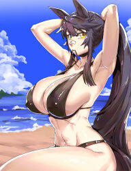 Rule 34 | 1girl, absurdres, alternate breast size, animal ears, arms behind head, arms up, bandaid, bandaid on face, bandaid on nose, beach, bikini, black bikini, black hair, breasts, choker, covered erect nipples, day, detached sleeves, hair between eyes, high ponytail, highres, horse ears, horse girl, horse tail, huge breasts, long hair, looking at viewer, minew, mouth hold, narita brian (umamusume), navel, ocean, outdoors, sand, sitting, solo, stomach, strap gap, swimsuit, tail, toned, toned female, umamusume, very long hair, water, yellow eyes